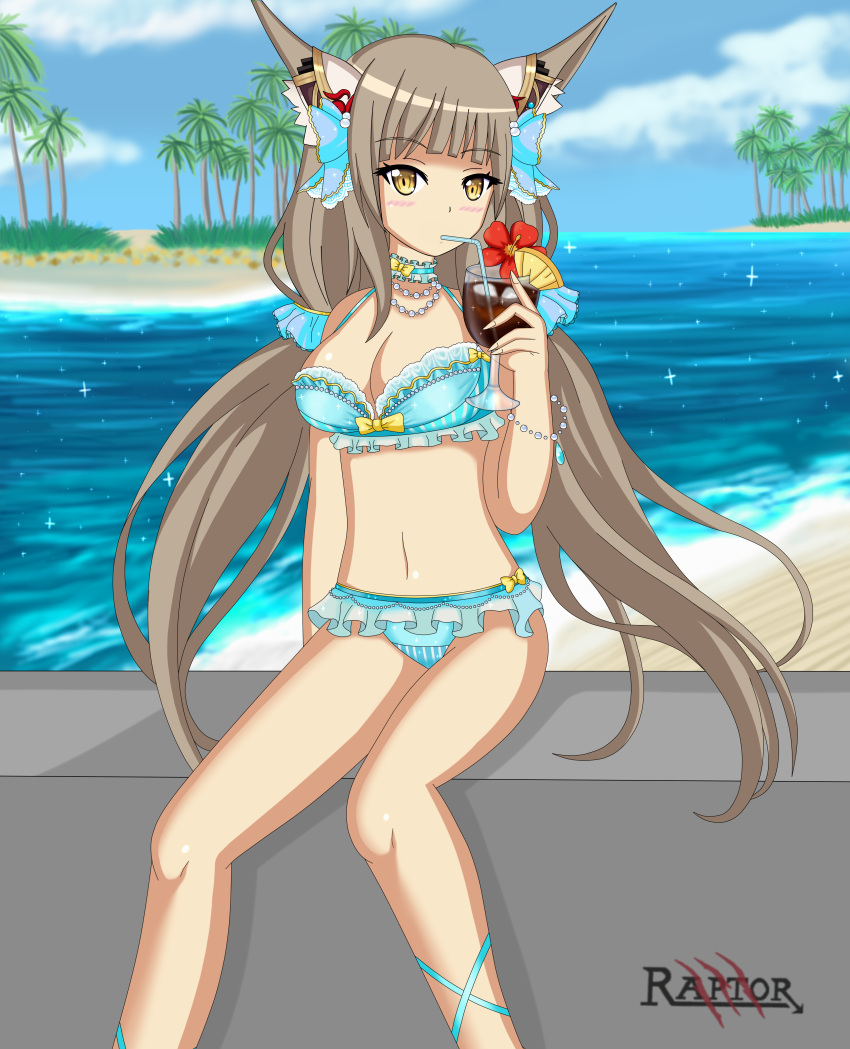 1girl absurdres animal_ears beach bikini blue_bikini blush breasts cleavage clouds cloudy_sky collar cup flower grey_hair hair_ornament highres holding holding_cup long_hair looking_at_viewer medium_breasts nintendo niyah ocean palm_tree ribbon sitting sky solo spoilers swimsuit tree very_long_hair xenoblade_(series) xenoblade_2 yellow_eyes