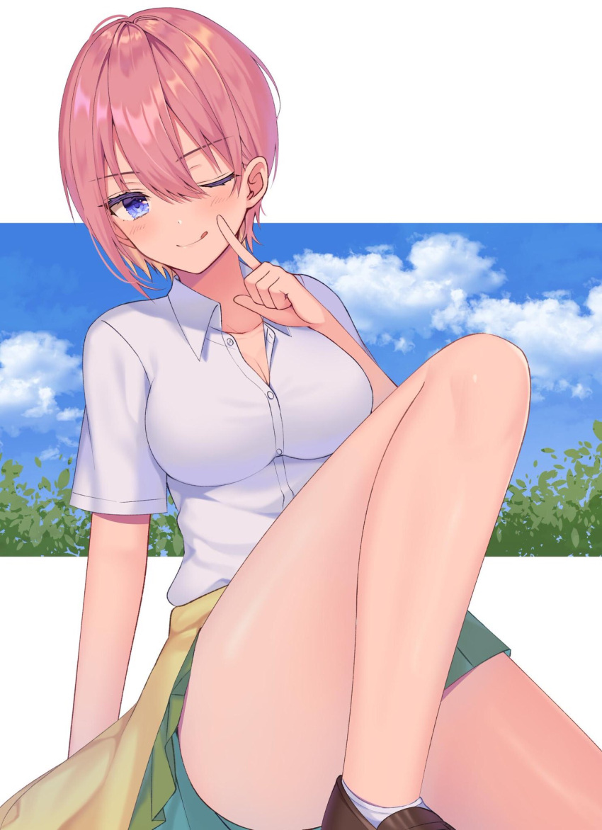 1girl bangs bare_legs blue_eyes blush breasts brown_footwear cleavage clouds commentary_request eyebrows_visible_through_hair finger_to_face go-toubun_no_hanayome green_skirt hair_between_eyes highres izumo_neru large_breasts looking_at_viewer nakano_ichika one_eye_closed pink_hair shirt short_hair short_sleeves sitting skirt smile socks solo tongue tongue_out white_footwear white_shirt