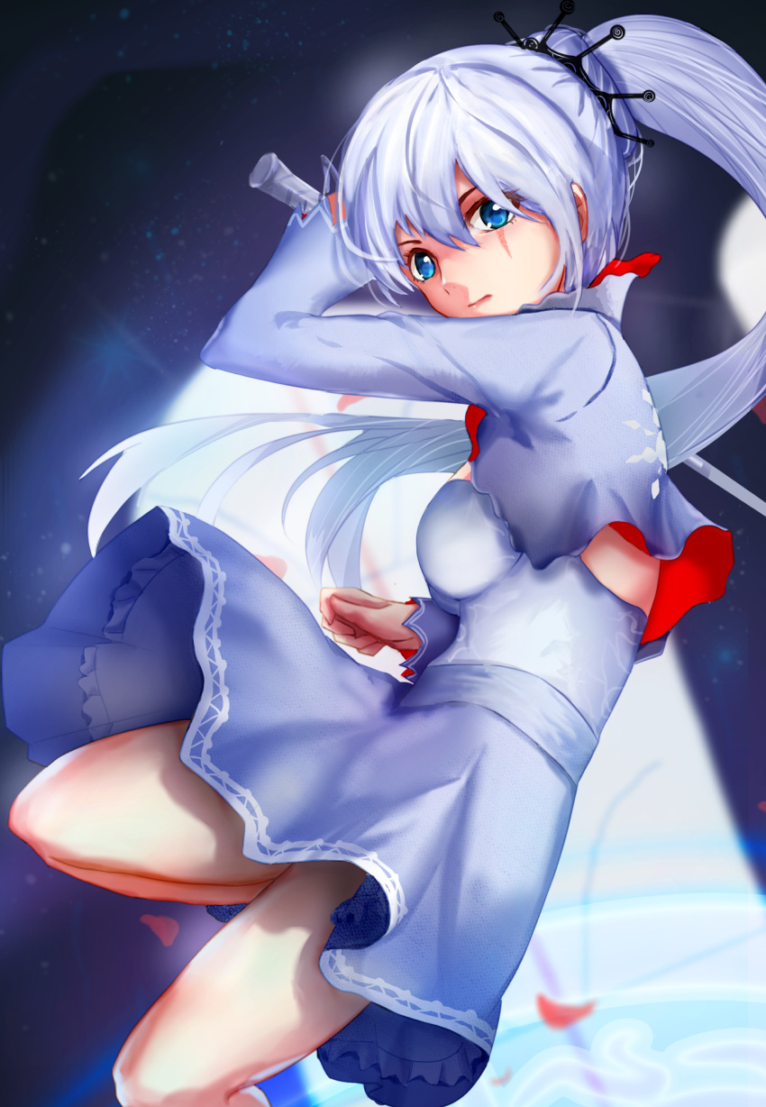 1girl blue_dress blue_eyes breasts clisapex dress floating_hair hair_between_eyes highres holding holding_sword holding_weapon leg_up long_hair long_sleeves looking_at_viewer medium_breasts petals rapier rwby scar scar_across_eye short_dress shrug_(clothing) side_ponytail sideboob silver_hair sleeveless sleeveless_dress solo strapless strapless_dress sword very_long_hair weapon weiss_schnee