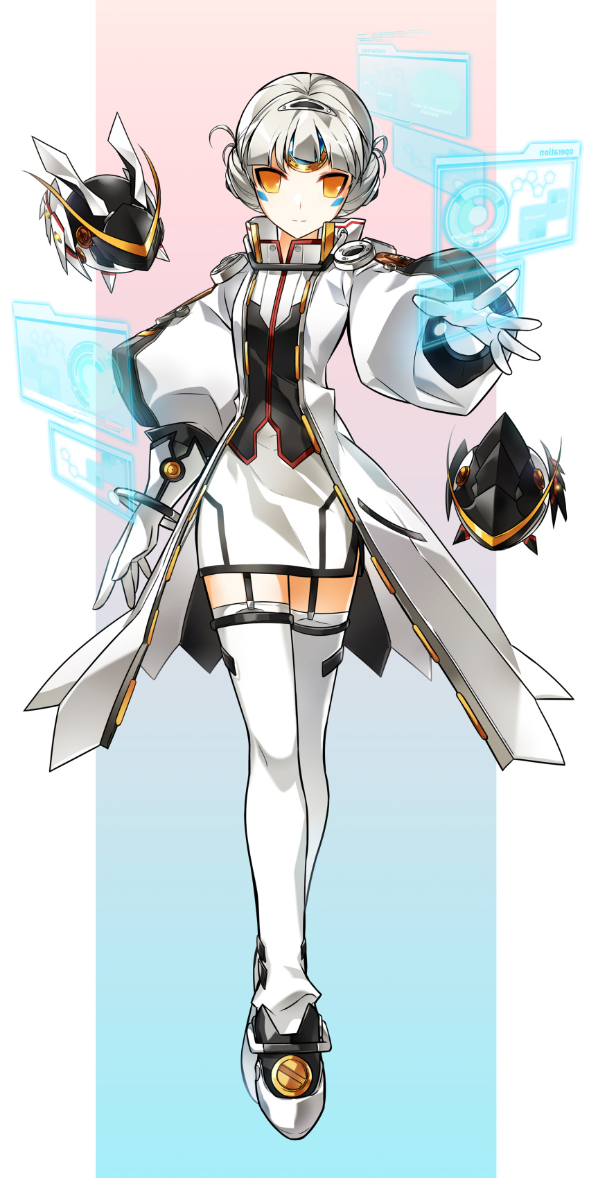 1girl absurdres bracelet chocorong cloak code:_architecture_(elsword) drone elsword eve_(elsword) facial_mark forehead_jewel full_body hair_ornament hairclip highres holographic_interface jewelry mechanical_ears moby_(elsword) remy_(elsword)