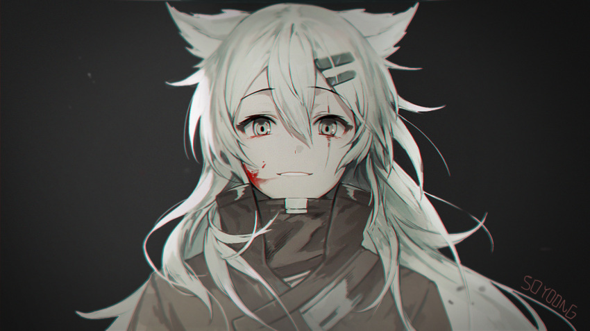 1girl animal_ears arknights bangs black_background black_jacket black_shirt blood blood_on_face commentary eyebrows_visible_through_hair hair_between_eyes hair_ornament hairclip jacket lappland_(arknights) long_hair looking_at_viewer scar scar_across_eye shirt simple_background smile solo soyoong_jun upper_body white_hair wolf_ears