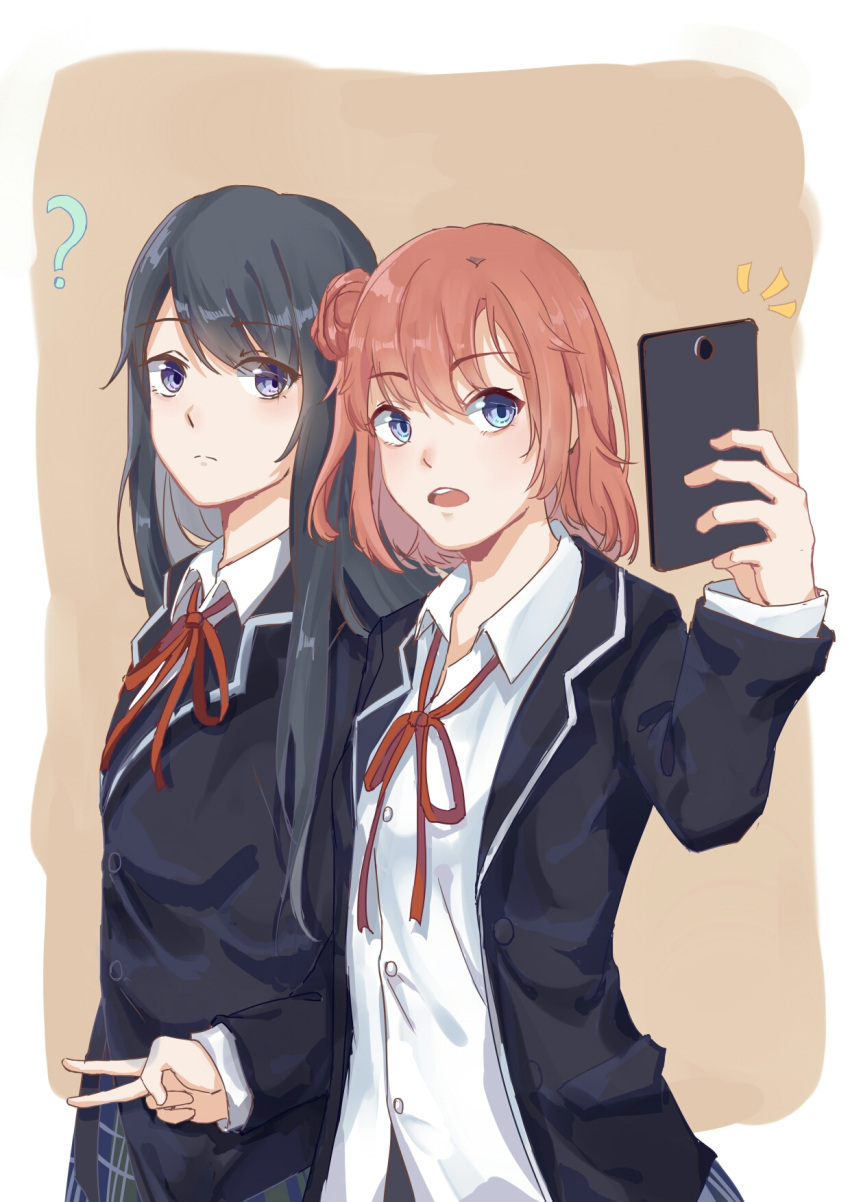 2girls artist_request black_hair blue_eyes cellphone highres long_hair multiple_girls open_mouth orange_hair phone school_uniform short_hair simple_background smartphone tagme yahari_ore_no_seishun_lovecome_wa_machigatteiru. yuigahama_yui yukinoshita_yukino