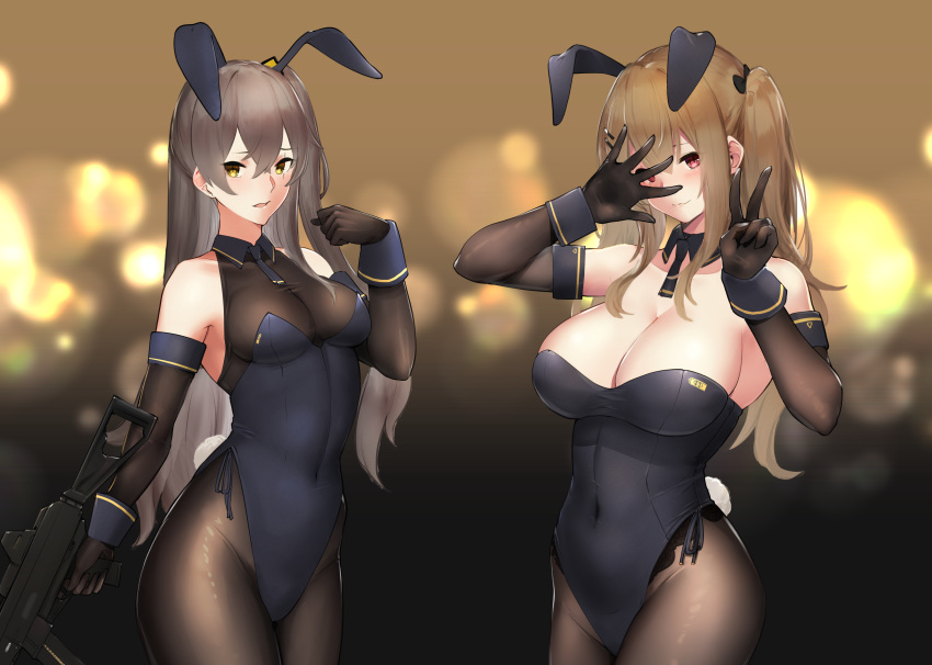 1girl 404_logo_(girls_frontline) :3 absurdres alternate_breast_size alternate_costume animal_ears bangs bare_shoulders black_gloves black_legwear black_leotard blurry blurry_background blush bow bowtie breasts brown_eyes brown_hair bunny_girl bunny_tail bunnysuit cleavage closed_mouth covered_navel cowboy_shot crossed_bangs detached_collar elbow_gloves eyebrows_visible_through_hair fake_animal_ears girls_frontline gloves groin gun h&amp;k_ump h&amp;k_ump45 hair_between_eyes hair_ornament hairclip hand_up hayabusa heckler_&amp;_koch highres holding holding_gun holding_weapon indoors large_breasts leotard long_hair looking_at_viewer medium_breasts one_side_up open_mouth paid_reward pantyhose patreon_reward rabbit_ears scar scar_across_eye sidelocks signature skindentation smile solo submachine_gun tail twintails ump45_(girls_frontline) ump9_(girls_frontline) v weapon wrist_cuffs yellow_eyes