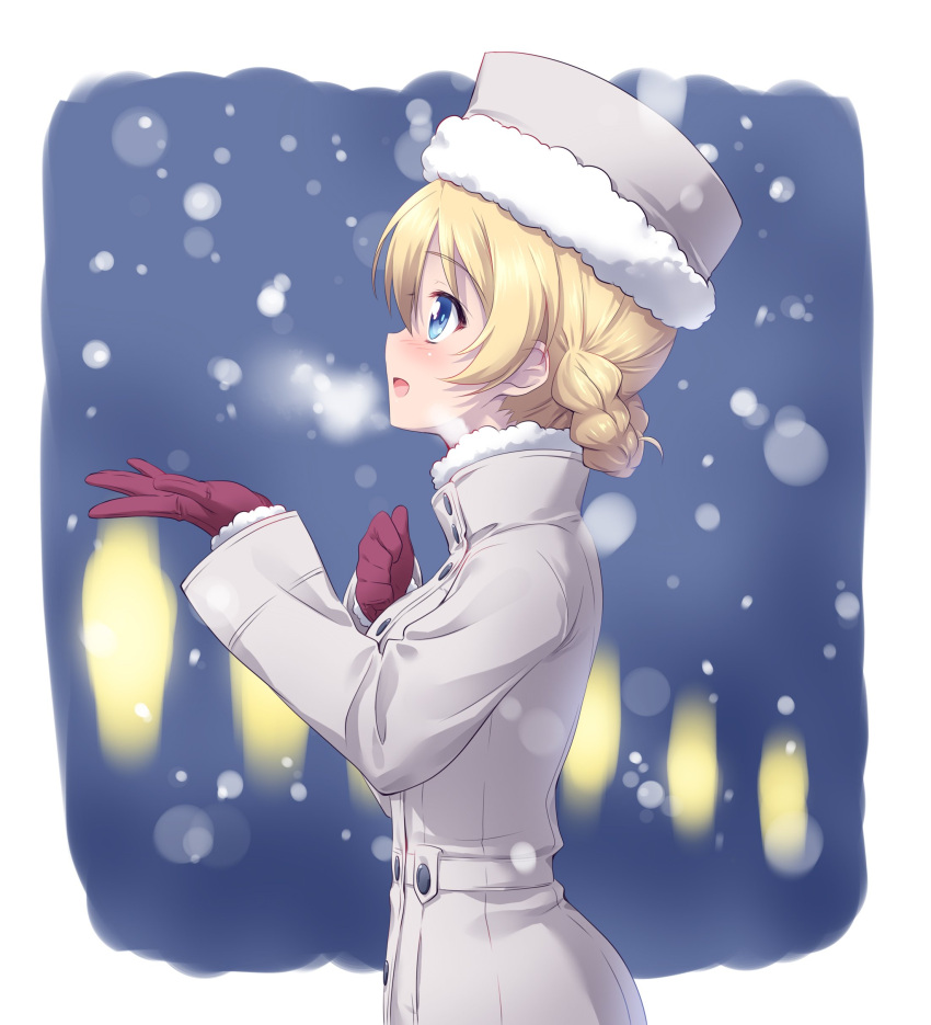 1girl absurdres blonde_hair blue_eyes blurry braid breath commentary darjeeling eyebrows_visible_through_hair from_side fur-trimmed_hat girls_und_panzer grey_coat grey_hat highres kuzuryuu_kennosuke light_blush long_sleeves night open_mouth outdoors short_hair smile snow solo standing tied_hair twin_braids upper_body violet_eyes winter_clothes