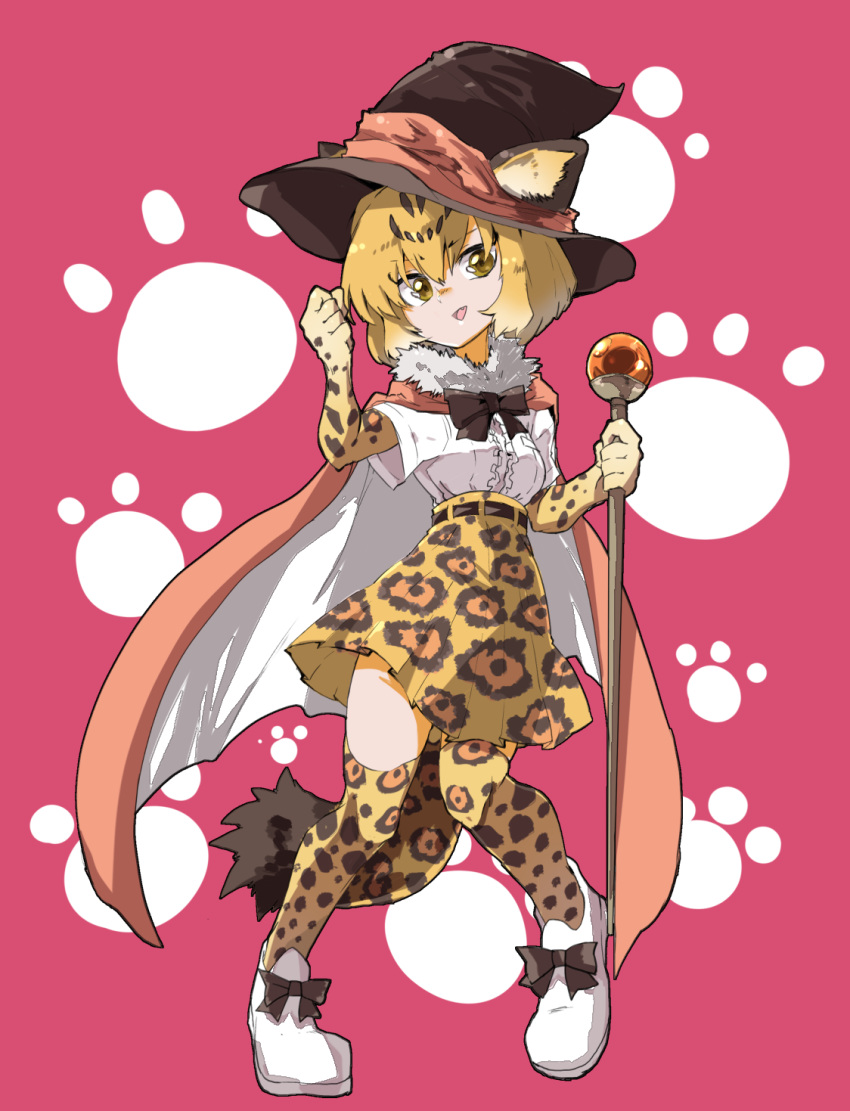 1girl :d animal_ears animal_print bangs black_bow black_hat black_neckwear blonde_hair bow bowtie cape center_frills elbow_gloves eyebrows_visible_through_hair full_body fur_collar gloves hair_between_eyes hand_up hat high-waist_skirt highres holding holding_staff jaguar_(kemono_friends) jaguar_ears jaguar_print jaguar_tail jamir kemono_friends legs_apart looking_at_viewer open_mouth paw_print pigeon-toed pink_background shirt shoes short_hair short_sleeves skirt smile solo staff tail thigh-highs v-shaped_eyebrows white_footwear white_shirt yellow_eyes