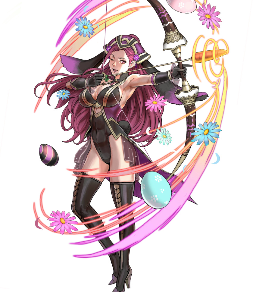 1girl animal_ears armpits arrow bangs black_gloves black_leotard boots bow_(weapon) breasts bunny_tail cleavage covered_navel earrings egg elbow_gloves fake_animal_ears fire_emblem fire_emblem_heroes flower full_body gloves hair_ornament high_heels highleg highleg_leotard highres holding holding_bow_(weapon) holding_weapon jewelry large_breasts leotard loki_(fire_emblem_heroes) long_hair nintendo official_art one_eye_closed open_mouth parted_bangs petals purple_hair rabbit_ears sleeveless smile solo standing tail thigh-highs thigh_boots toshiyuki_kusakihara transparent_background violet_eyes weapon