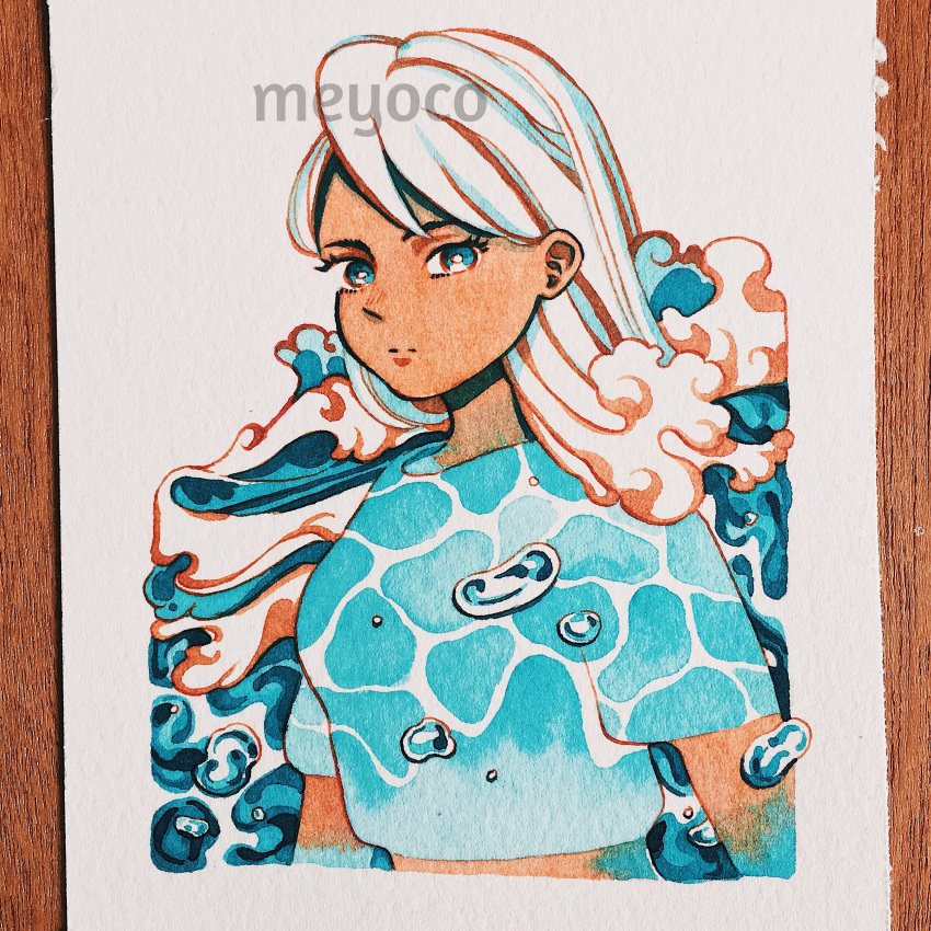 1girl absurdres artist_name blue_eyes bubble cropped_torso expressionless highres inktober liquid_hair long_hair looking_at_viewer meyoco original photo short_sleeves solo traditional_media upper_body