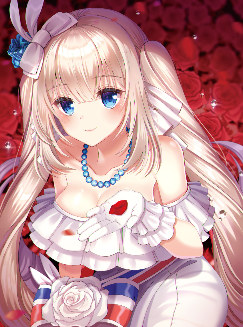 1girl absurdres bangs bare_shoulders blonde_hair blue_eyes blue_flower blue_rose blurry blurry_background blush bow closed_mouth commentary depth_of_field dress ecu8080 english_commentary eyebrows_visible_through_hair fate/grand_order fate_(series) flower gloves hair_between_eyes hair_bow hair_flower hair_ornament highres holding holding_petal huge_filesize jewelry long_hair marie_antoinette_(fate/grand_order) necklace pearl_necklace petals red_flower red_rose rose smile solo strapless strapless_dress striped striped_bow twintails very_long_hair water_drop white_bow white_dress white_flower white_gloves white_rose