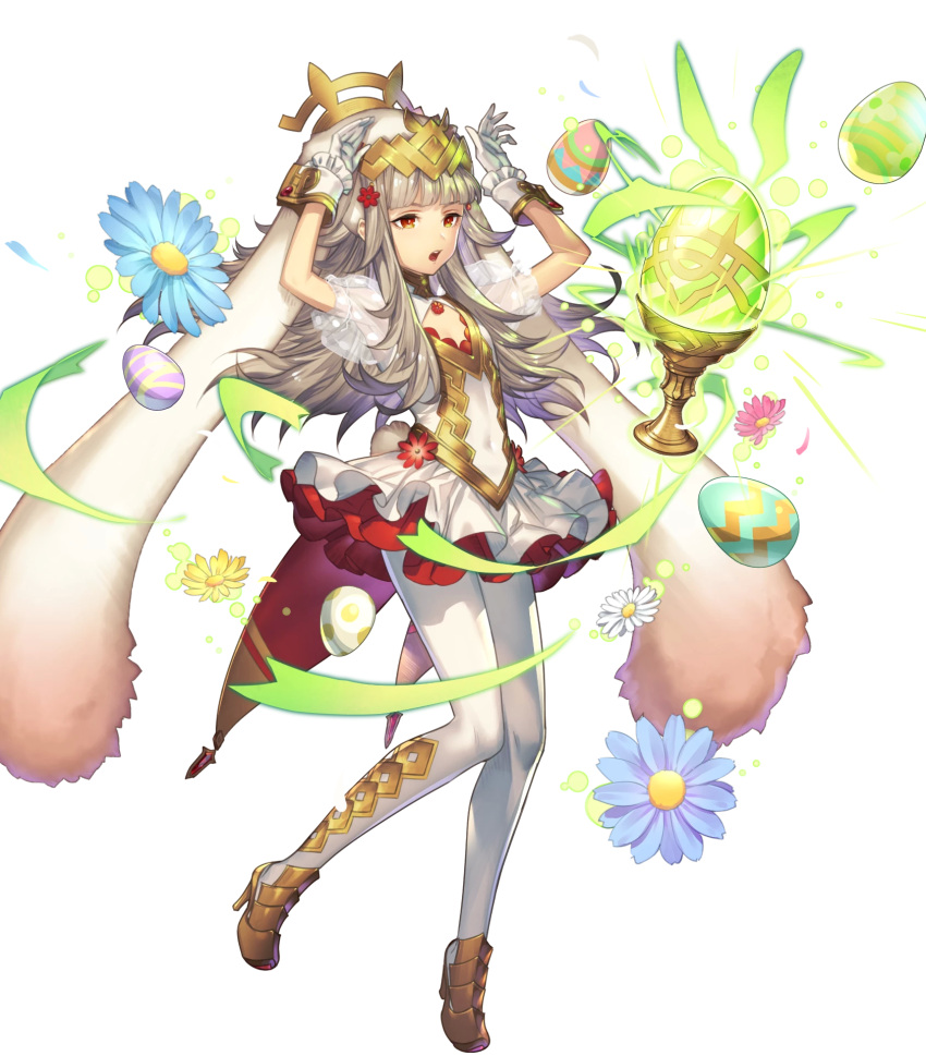 1girl animal_ears bangs covered_navel dress fire_emblem fire_emblem_heroes flat_chest full_body gloves hair_ornament high_heels highres long_hair nintendo official_art open_mouth pantyhose puffy_short_sleeves puffy_sleeves rabbit_ears red_eyes see-through short_dress short_sleeves silver_hair solo umiu_geso veronica_(fire_emblem) white_gloves