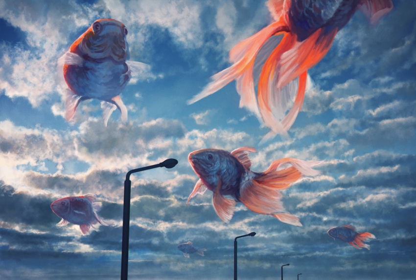 blue_sky clouds day fish goldfish kakotomirai lamppost no_humans original scenery sky