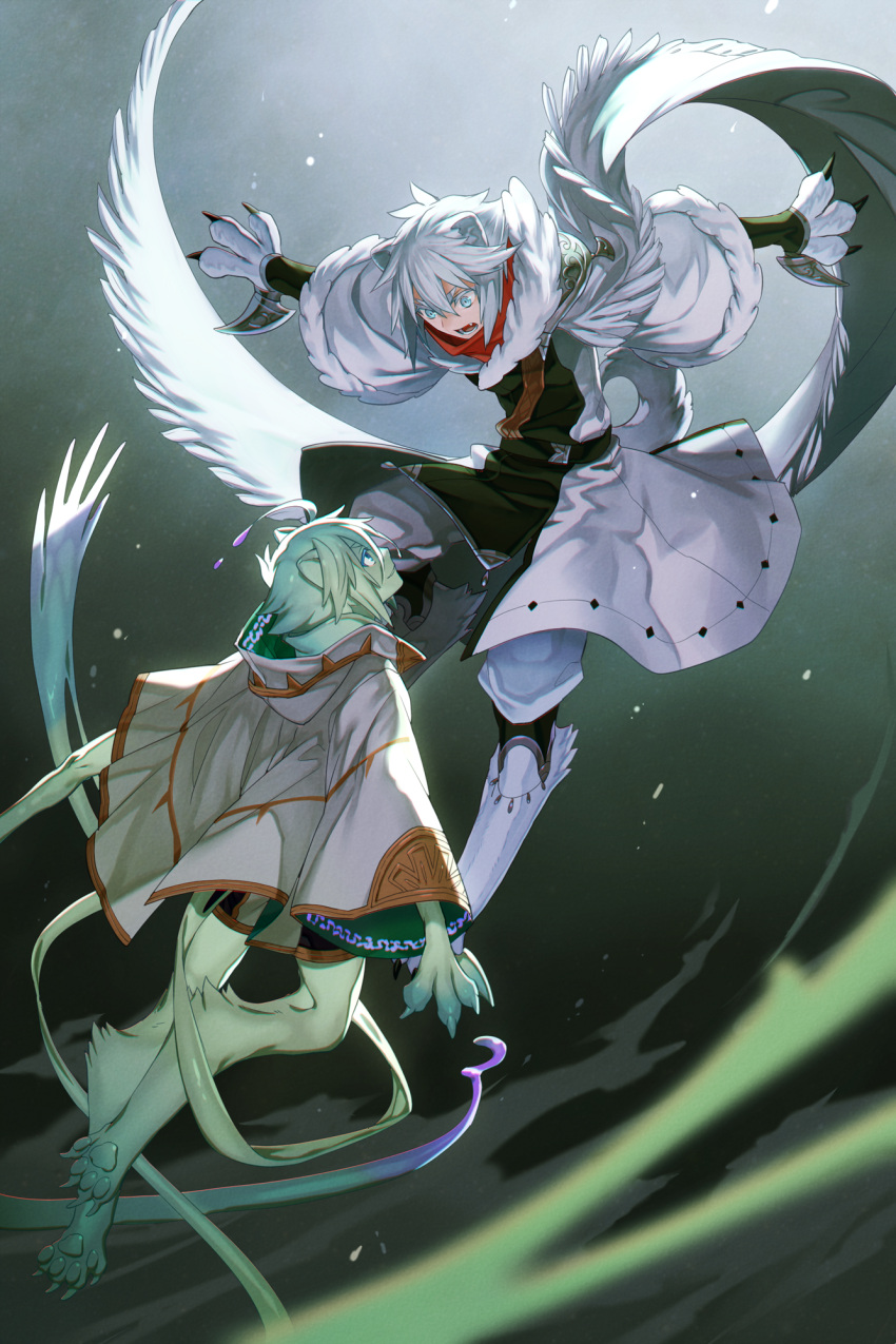 2boys ahoge blue_eyes claws cott_(pixiv_fantasia_last_saga) eye_contact fang green_hair green_skin highres hood hood_down long_sleeves looking_at_another multiple_boys open_mouth paws pixiv_fantasia_last_saga robe silver_hair slime thick_eyebrows thuluth weapon yuzu_shio