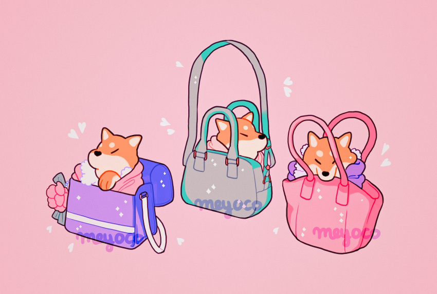 animal animal_focus artist_name bag dog flower green_bag heart highres in_bag in_container meyoco no_humans original pink_background pink_bag pink_flower purple_bag shiba_inu simple_background sparkle