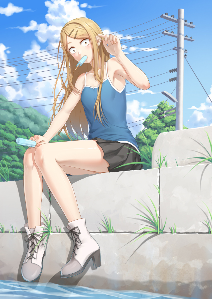 1girl anarchojs bare_legs blonde_hair camisole chinese_commentary clouds commentary_request dagashi_kashi ear_piercing endou_saya food full_body hair_ornament hairclip highres long_hair looking_at_viewer mouth_hold outdoors piercing pleated_skirt popsicle sanpaku sitting skirt sky solo tree water yellow_eyes