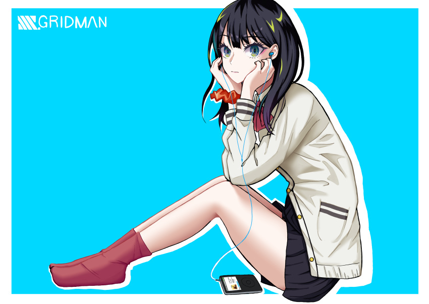 1girl :| absurdres akutagawa_joo bangs black_hair black_skirt blue_background bow bowtie cardigan closed_mouth commentary_request copyright_name digital_media_player dress_shirt earphones eyelashes from_side full_body green_eyes hands_on_headphones highres ipod legs long_hair long_sleeves looking_at_viewer miniskirt orange_scrunchie pleated_skirt red_legwear red_neckwear scrunchie shirt silhouette sitting skirt socks solo ssss.gridman sweater takarada_rikka uniform white_cardigan white_shirt white_sweater wing_collar wrist_scrunchie