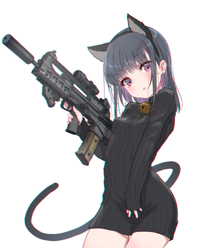 1girl absurdres animal_ears assault_rifle bell black_hair black_sweater bullpup cat_ears cat_tail chromatic_aberration commentary_request earrings eyebrows_visible_through_hair gun highres holding holding_gun holding_weapon jewelry jingle_bell long_hair looking_at_viewer military necklace oota_youjo original parted_lips pink_eyes rifle scope sleeves_past_wrists solo stud_earrings suppressor sweater tail trigger_discipline turtleneck turtleneck_sweater vhs-d2 weapon white_background