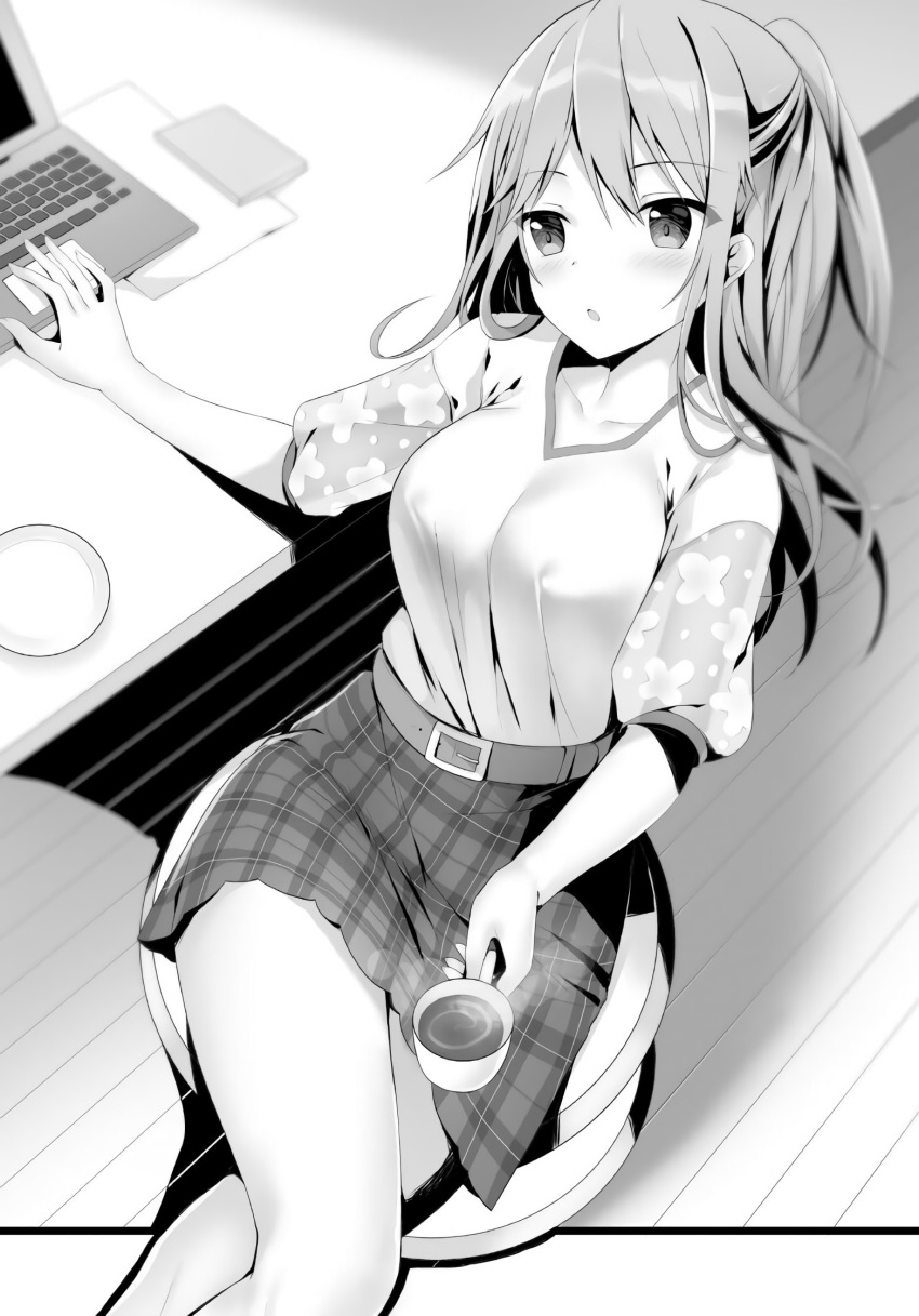 1girl breasts choroin_desuga_koibito_ni_wa_naremasenka coffee collarbone computer covered_nipples cup eyebrows_visible_through_hair greyscale hair_between_eyes highres holding holding_cup indoors laptop large_breasts leaning_back legs_crossed long_hair miniskirt monochrome novel_illustration official_art plaid plaid_skirt ponytail shiny shiny_hair shirt short_sleeves sitting skirt solo sousouman teacup