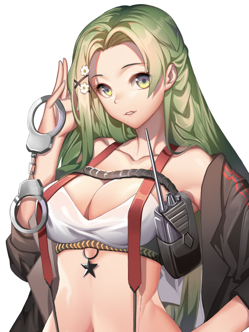 1girl absurdres bare_shoulders black_jacket breasts bustier chest_strap cleavage collarbone cuffs flower fp-6_(girls_frontline) girls_frontline green_hair hair_flower hair_ornament hand_on_hip henz_(86551650) highres jacket large_breasts long_hair looking_at_viewer midriff navel off_shoulder open_clothes open_jacket parted_lips simple_background solo star suspenders very_long_hair walkie-talkie white_background x_hair_ornament yellow_eyes