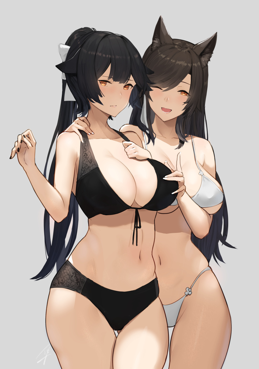 2girls ;d absurdres animal_ears ass_visible_through_thighs atago_(azur_lane) azur_lane bangs bikini black_bikini black_hair black_nails blush bow breasts brown_eyes cleavage cowboy_shot front-tie_bikini front-tie_top grey_background groin hair_bow hair_flaps half-closed_eye hand_on_another's_neck hand_on_breast hayabusa highleg highleg_bikini highres large_breasts long_hair looking_at_viewer mole mole_under_eye multiple_girls nail_polish navel one_eye_closed open_mouth paid_reward ponytail ribbon signature simple_background skindentation smile standing swept_bangs swimsuit takao_(azur_lane) thigh_gap thighs white_bikini white_bow white_nails white_ribbon wide_hips wolf_ears