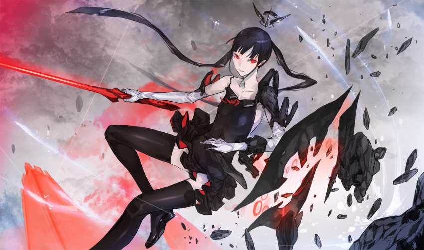 1girl black_footwear black_hair black_legwear black_shirt black_skirt boots day elbow_gloves gloves grey_sky holding holding_sword holding_weapon ishinarimaru_shouten long_hair myufrae outdoors pixiv_fantasia_last_saga red_eyes rubble shirt skirt sword thigh-highs thigh_boots tower twintails weapon white_gloves