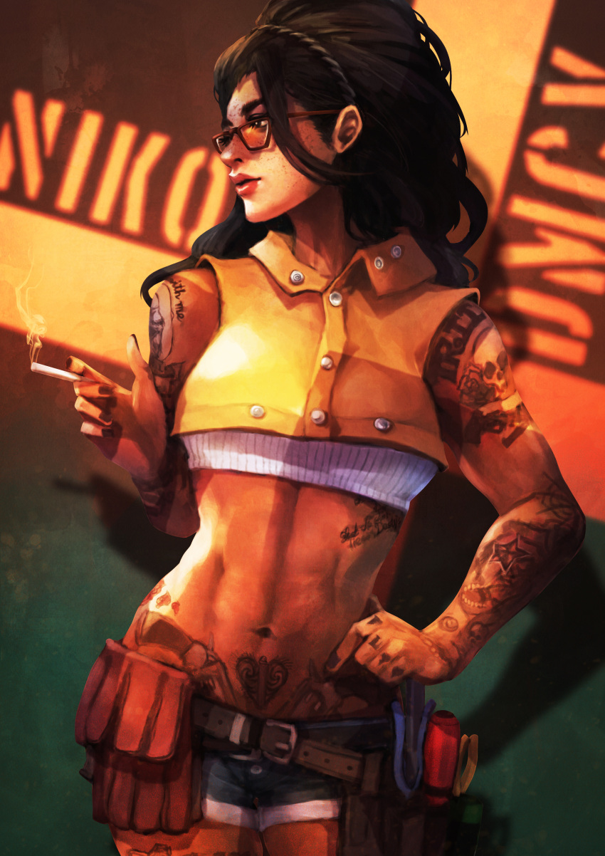 1girl absurdres arm_tattoo belt belt_pouch black_hair black_nails braid breasts brown-framed_eyewear character_name cigarette commentary copyright_name cowboy_shot crop_top devil_may_cry devil_may_cry_5 english_commentary eyelashes finger_tattoo freckles french_braid glasses hair_pulled_back heart_tattoo highres lips long_hair medium_breasts midriff monori_rogue nail_polish navel nico_(devil_may_cry) nose pouch shorts shoulder_tattoo smoking solo tattoo thick_eyebrows toned tool_belt tools