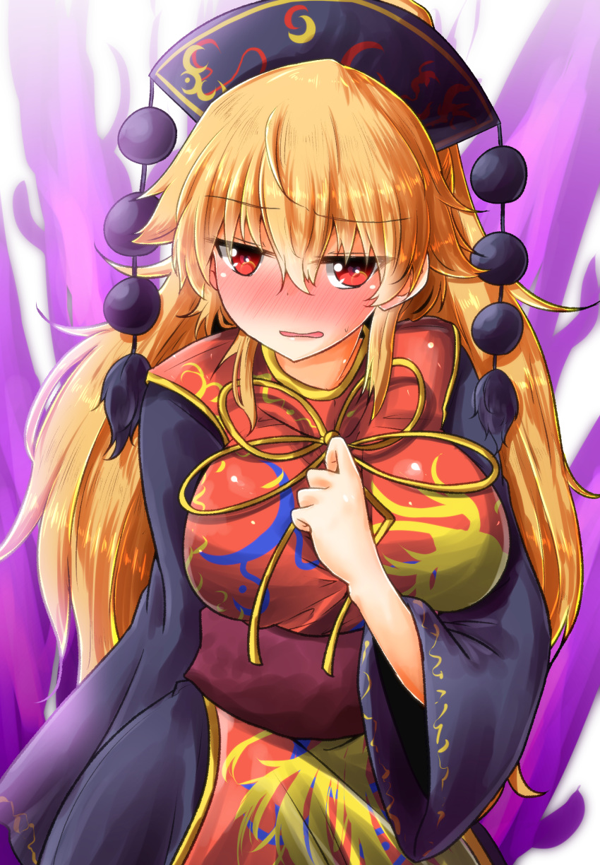1girl aura bangs black_dress blonde_hair blush breasts commentary_request cowboy_shot dress eyebrows_visible_through_hair hair_between_eyes hand_on_own_chest headdress highres jitome junko_(touhou) large_breasts long_hair long_sleeves looking_at_viewer neck_ribbon nose_blush open_mouth oshiaki red_eyes red_sash ribbon sash simple_background solo sweat tabard tassel touhou very_long_hair white_background wide_sleeves yellow_neckwear yellow_ribbon