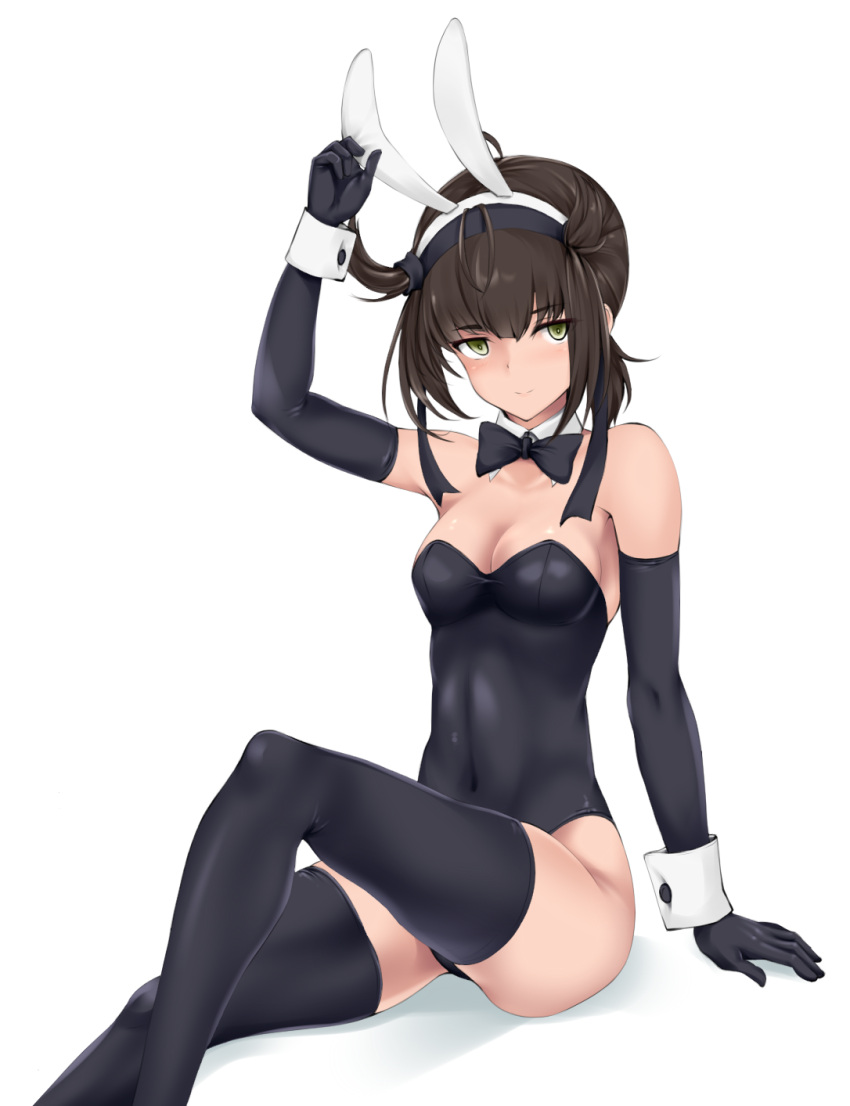 1girl alternate_costume animal_ears bare_shoulders black_gloves black_legwear black_leotard brown_hair bunny_girl bunnysuit detached_collar elbow_gloves fake_animal_ears gloves hair_flaps hatsuzuki_(kantai_collection) headband highres kantai_collection leotard nn_tasu rabbit_ears short_hair sitting solo strapless strapless_leotard thigh-highs wrist_cuffs yellow_eyes