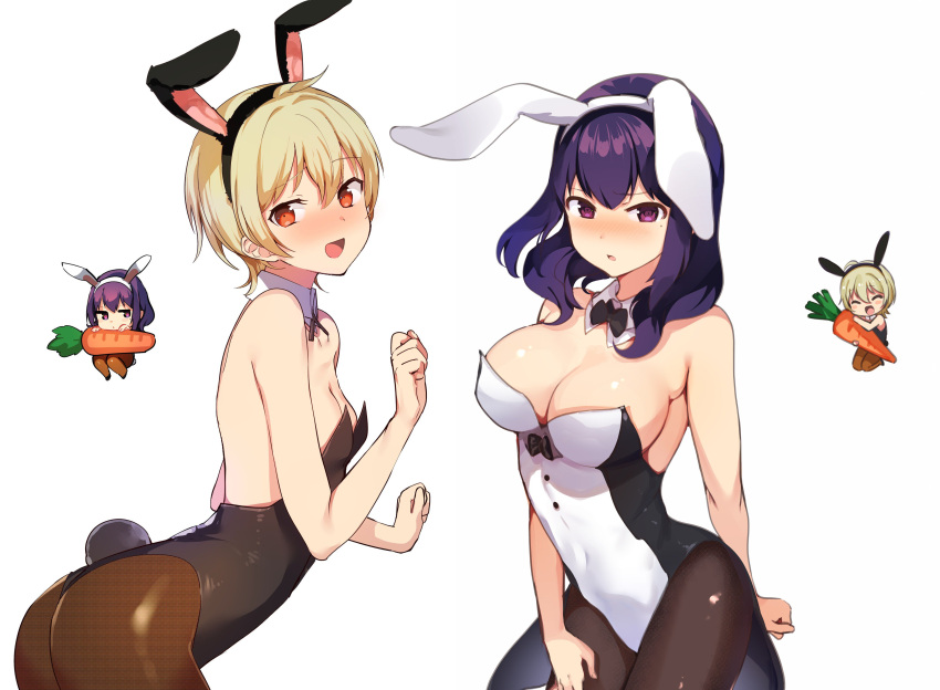 2girls :d absurdres animal_ears bangs bare_shoulders black_legwear black_leotard black_neckwear blonde_hair blue_hair blush bow bowtie breasts brown_legwear bunny_girl bunny_tail bunnysuit cleavage covered_navel detached_collar eyebrows_visible_through_hair fake_animal_ears hair_between_eyes hairband harumi_hana highres ichihara_chiaki konbu_wakame large_breasts leotard long_hair looking_at_viewer mole mole_under_eye multiple_girls non-web_source open_mouth orange_eyes pantyhose rabbit_ears sekai_de_ichiban_oppai_ga_suki! shiny shiny_skin short_hair small_breasts smile strapless strapless_leotard tail violet_eyes