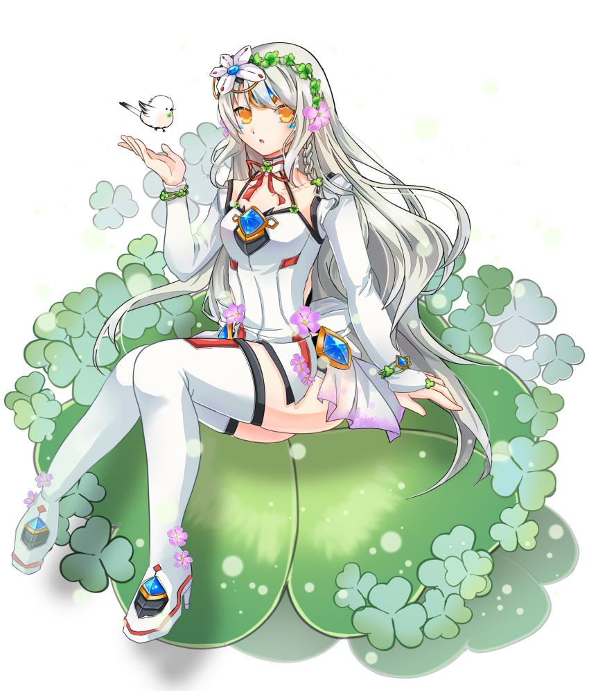 1girl absurdres bird braid clover code:_electra_(elsword) collarbone elsword eve_(elsword) facial_mark flower forehead_jewel gem hair_flower hair_ornament head_wreath highres holy1075 long_hair ribbon