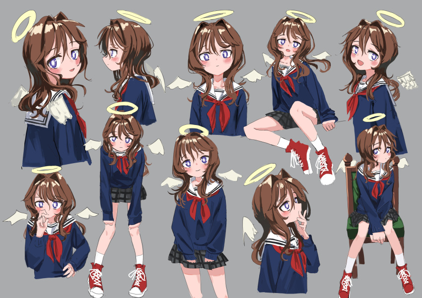 1girl absurdres angel_wings blush boots brown_hair chair collage grey_background halo highres long_hair miniskirt nadegata open_mouth original plaid plaid_skirt pleated_skirt red_footwear school_uniform serafuku sitting skirt sweater violet_eyes wavy_hair white_legwear wings