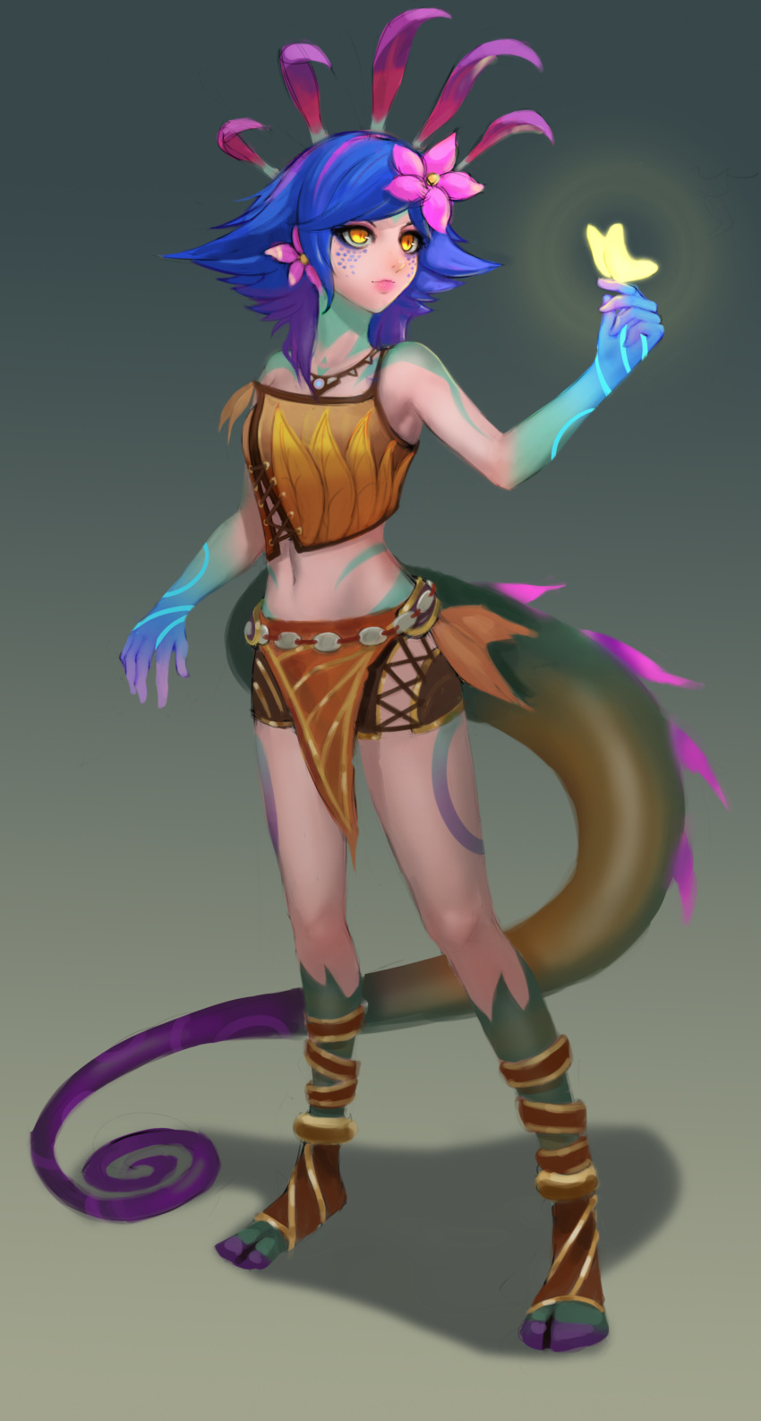 1girl absurdres arc2urus bare_shoulders blue_hair breasts earrings flower flower_earrings freckles hair_flower hair_ornament highres jewelry league_of_legends lizard_girl lizard_tail looking_at_viewer monster_girl navel neeko_(league_of_legends) short_hair slit_pupils solo tail yellow_eyes