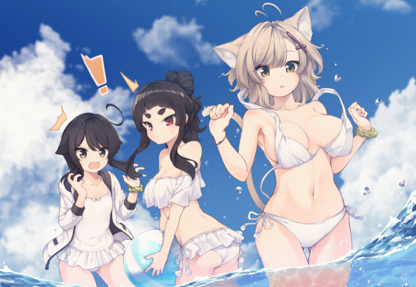 ! /\/\/\ 3girls ahoge animal_ear_fluff animal_ears antenna_hair ass ass_visible_through_thighs ball bangs bare_shoulders beachball bikini blue_sky breasts brown_hair casual_one-piece_swimsuit cat_ears cleavage clouds cloudy_sky collarbone day eyebrows_visible_through_hair fingernails frilled_swimsuit frills green_scrunchie hair_between_eyes hair_bun hair_flaps hair_ornament hands_up holding holding_ball hood hood_down hooded_jacket jacket kuranami_shiki light_brown_hair long_hair medium_breasts multiple_girls natsuki_teru navel nekomiya_ryuu one-piece_swimsuit open_clothes open_jacket original outdoors parted_lips scrunchie shikibe_ayaka side-tie_bikini sidelocks sky standing swimsuit swimsuit_under_clothes thigh_gap w_arms wading wardrobe_malfunction white_bikini white_jacket white_swimsuit wrist_scrunchie