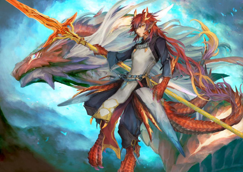 1boy blue_sky dragon dragon_boy full_body haku_(shirogane) highres holding holding_spear holding_weapon horns lizard_tail long_hair looking_at_viewer outdoors pixiv_fantasia_last_saga pointy_ears polearm redhead sky solo spear standing tail very_long_hair weapon