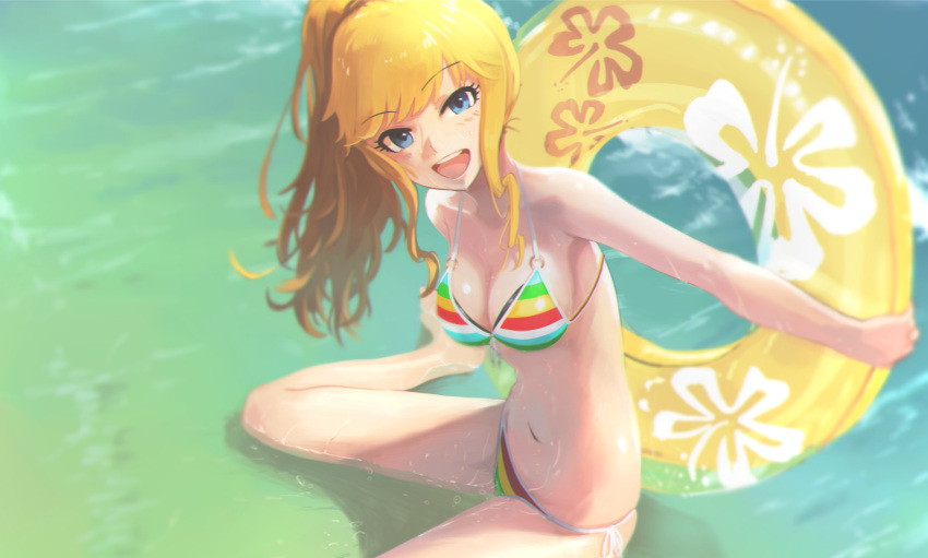 1girl :d bangs blonde_hair blue_eyes breasts cleavage epitaph_(1122) eyebrows_visible_through_hair highres idolmaster idolmaster_cinderella_girls innertube looking_at_viewer navel ocean ootsuki_yui open_mouth outdoors ponytail sitting smile solo swimsuit teeth wading wariza