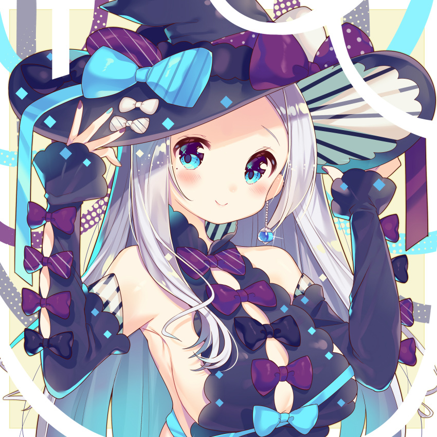 1girl absurdres bare_shoulders black_bow black_dress black_hat black_sleeves blue_bow blue_eyes blue_nails blush bow breasts brown_nails closed_mouth commentary_request detached_sleeves diagonal_stripes dress earrings fingernails forehead glint hands_on_headwear hands_up hat highres ikari_(aor3507) jewelry long_hair long_sleeves medium_breasts multicolored multicolored_nails nail_polish original red_bow sideboob silver_hair sleeveless sleeveless_dress sleeves_past_wrists smile solo striped striped_bow upper_body very_long_hair witch witch_hat