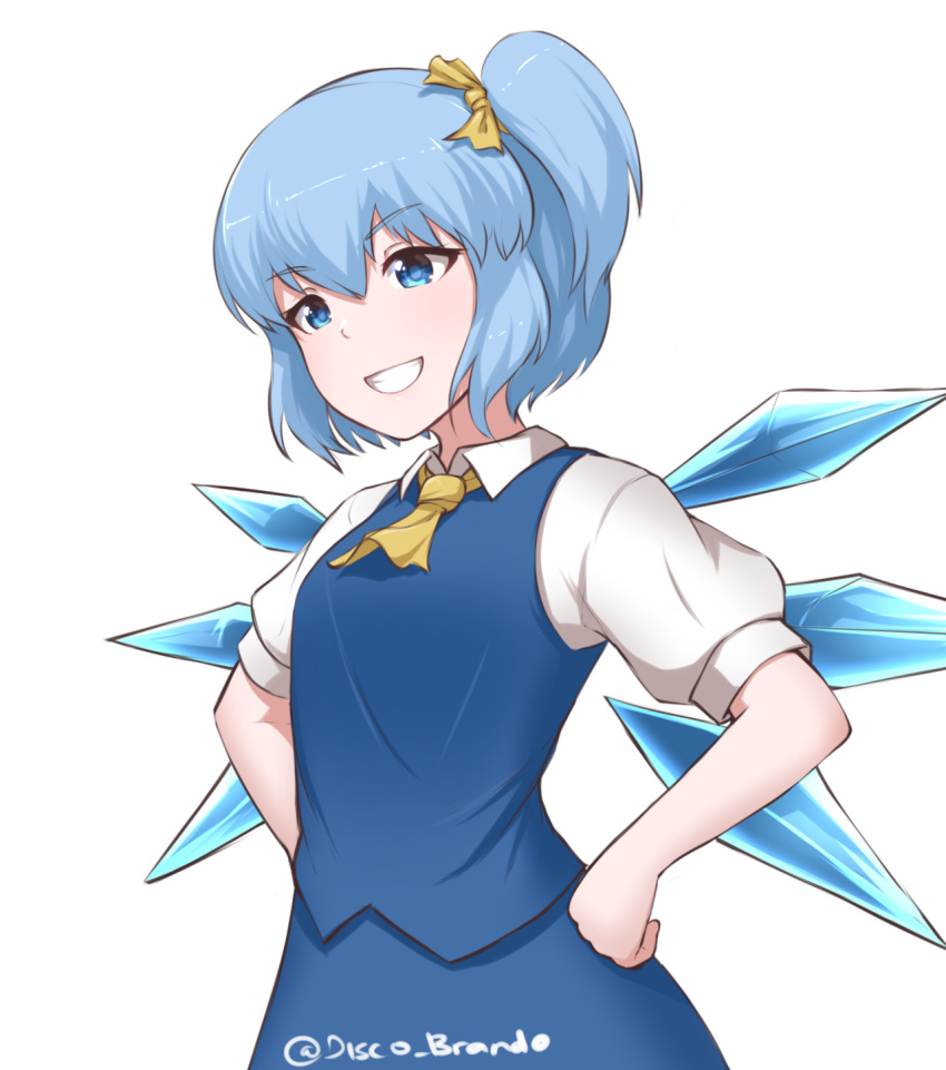 1girl artist_name blue_eyes blue_hair bow cirno collared_shirt cosplay daiyousei daiyousei_(cosplay) disco_brando eyebrows_visible_through_hair grin hair_bow hands_on_hips highres looking_away parted_lips puffy_short_sleeves puffy_sleeves shirt short_sleeves smile solo teeth touhou twitter_username upper_body white_shirt yellow_bow