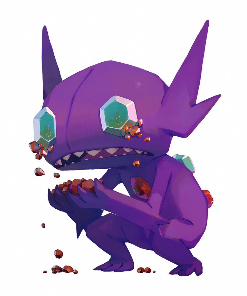 bluekomadori creatures_(company) crying crystal frown fur game_freak gem gen_3_pokemon highres holding holding_rock nintendo no_humans open_mouth pokemon pokemon_(creature) purple_fur reflection rock ruby_(gemstone) sableye sapphire_(gemstone) sharp_teeth simple_background squatting teeth white_background