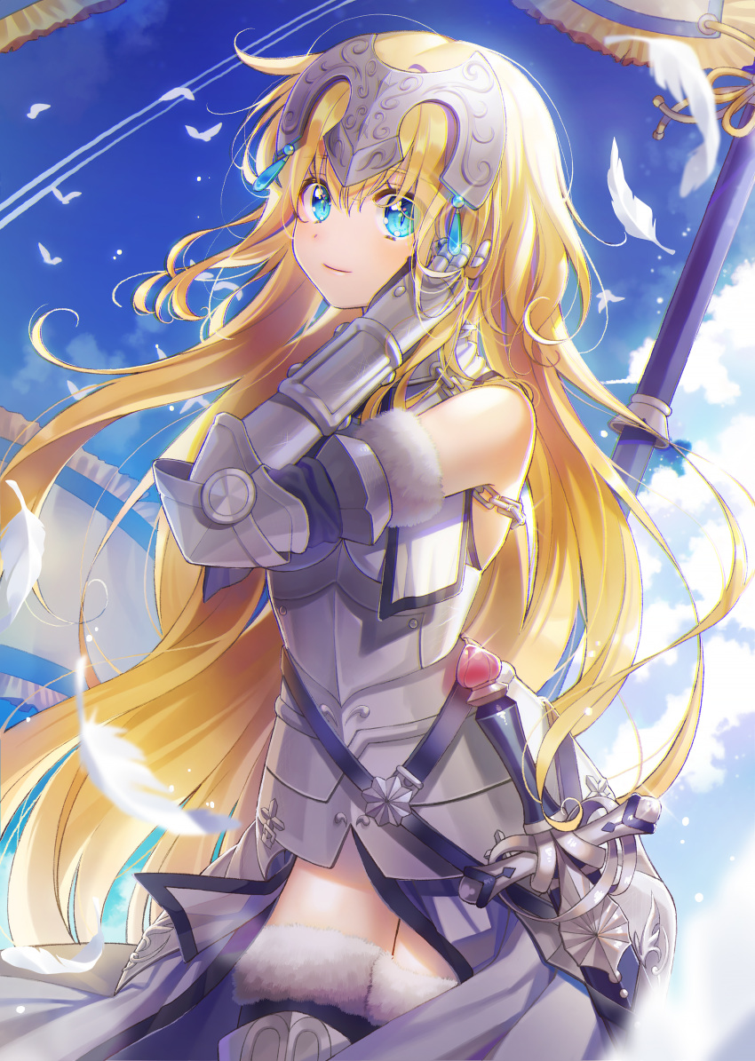 1girl absurdres animal armor armored_boots armored_dress bare_shoulders bird blonde_hair blue_eyes blue_sky blurry boots closed_mouth clouds condensation_trail cowboy_shot day depth_of_field fate/grand_order fate_(series) feathers floating_hair flock fur_trim gauntlets glint hand_on_own_cheek hand_up headgear highres je35353577 jeanne_d'arc_(fate) jeanne_d'arc_(fate)_(all) long_hair looking_at_viewer outdoors sheath sheathed sky smile solo standing sword thigh-highs very_long_hair weapon