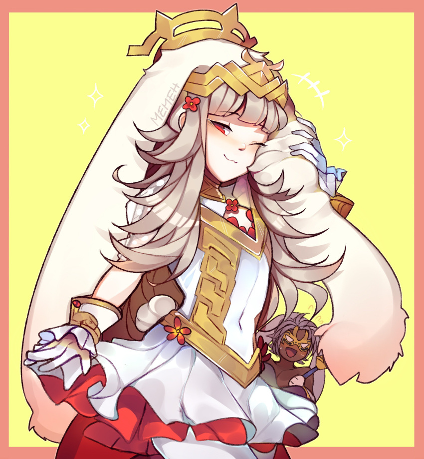 1boy 1girl absurdres animal_ears artist_name brother_and_sister bunny_tail cleavage_cutout closed_mouth dark_skin dark_skinned_male fake_animal_ears fake_tail fire_emblem fire_emblem_heroes flat_chest flower gloves grey_hair hair_flower hair_ornament highres lazymimium long_hair mask mysterious_man_(fire_emblem) nintendo one_eye_closed open_mouth rabbit_ears red_eyes siblings simple_background smile tail veronica_(fire_emblem) white_gloves yellow_background