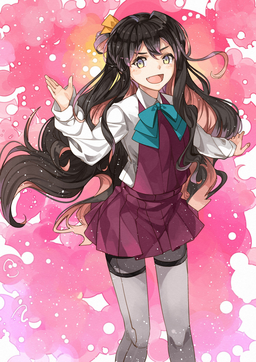 1girl absurdres black_hair bow bowtie fang feet_out_of_frame garter_straps grey_legwear hair_ribbon halterneck highres kanmiya_shinobu kantai_collection long_hair multicolored multicolored_background multicolored_hair naganami_(kantai_collection) pantyhose pink_hair ribbon school_uniform shirt solo standing two-tone_hair waving wavy_hair white_shirt yellow_eyes