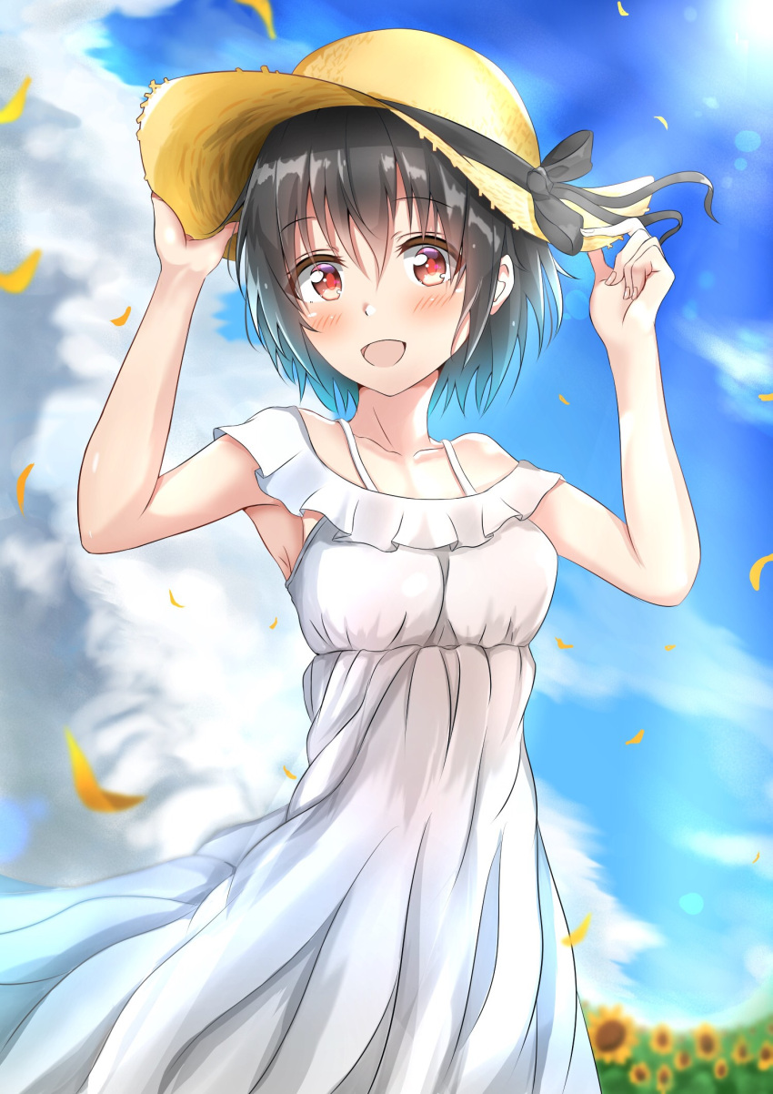 1girl :d armpits bare_arms black_ribbon blurry blurry_background blush breasts clouds cloudy_sky collarbone commentary_request day dress eyebrows_visible_through_hair flower hand_on_headwear hat highres looking_at_viewer medium_breasts open_mouth original outdoors red_eyes ribbon short_hair short_sleeves sky smile solo straw_hat sundress sunflower sunsun2812 white_dress