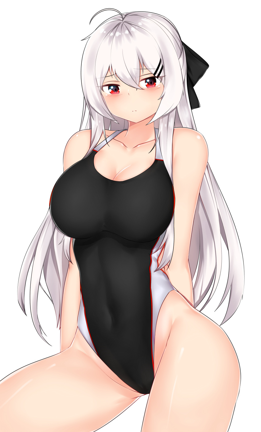 1girl absurdres arm_at_side arm_behind_back bangs blush breasts cleavage closed_mouth collarbone competition_swimsuit covered_navel eyebrows_visible_through_hair girls_frontline groin hair_between_eyes hair_ornament hair_ribbon hairclip highres iws-2000_(girls_frontline) large_breasts long_hair looking_at_viewer mapyarong one-piece_swimsuit red_eyes ribbon shiny shiny_skin sidelocks silver_hair simple_background solo swimsuit thighs white_background