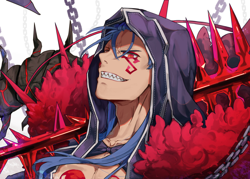 1boy blue_hair chains clenched_teeth close-up cu_chulainn_alter_(fate/grand_order) dpea9 face facial_mark facial_tattoo fate/grand_order fate_(series) gae_bolg grin hair_strand highres hood lancer long_hair looking_at_viewer male_focus over_shoulder red_eyes sharp_teeth simple_background smile solo spikes tattoo teeth white_background
