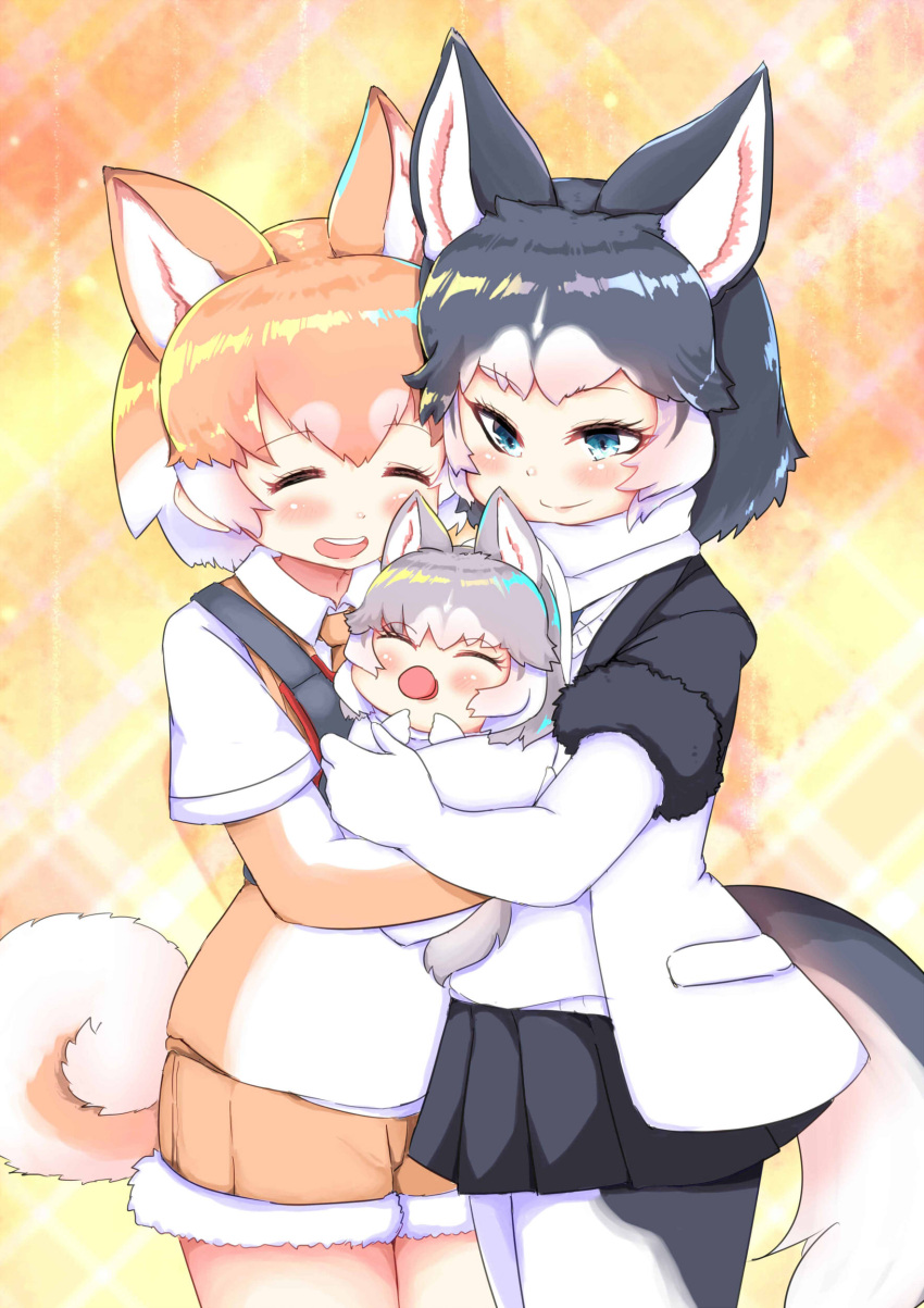 3girls absurdres animal_ear_fluff animal_ears baby black_hair blue_eyes blush child closed_eyes collared_shirt commentary_request cowboy_shot dog_(kemono_friends) dog_(mixed_breed)_(kemono_friends) dog_ears dog_tail elbow_gloves extra_ears eyebrows_visible_through_hair fur_trim gloves grey_hair harness highres holding_baby hug kemono_friends light_brown_hair multicolored_hair multiple_girls necktie open_mouth pantyhose pleated_skirt scarf shima_noji_(dash_plus) shirt short_hair short_shorts short_sleeves shorts siberian_husky_(kemono_friends) skirt smile sweater tail white_hair younger