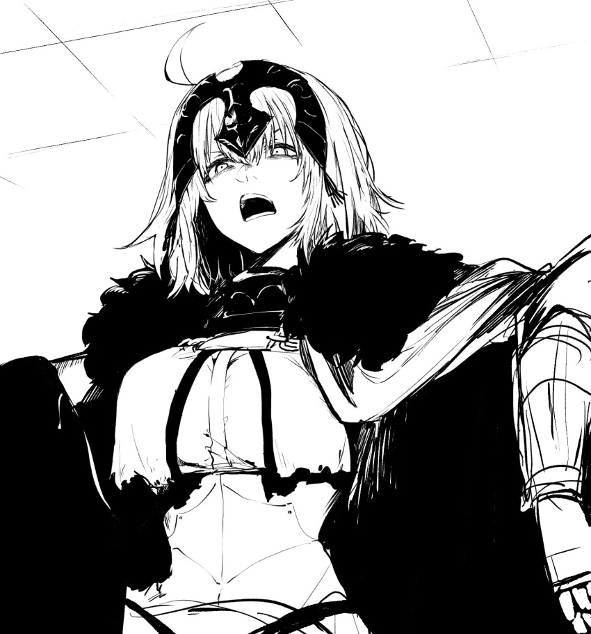 1girl ahoge armor breasts fate/grand_order fate_(series) from_below hair_between_eyes headpiece highres jeanne_d'arc_(alter)_(fate) jeanne_d'arc_(fate)_(all) medium_breasts monochrome open_mouth short_hair solo teeth tsukamoto_minori white_background