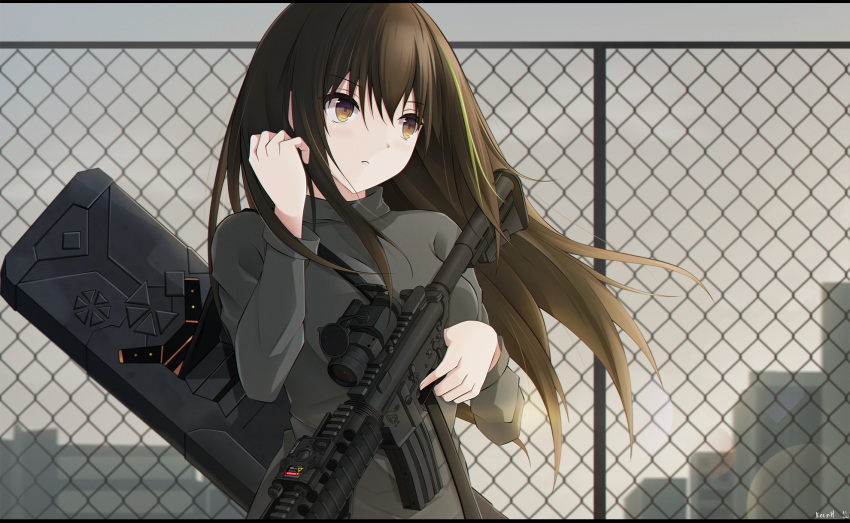 1girl assault_rifle bangs breasts brown_eyes brown_hair building chain-link_fence closed_mouth clouds cloudy_sky commentary eyebrows_visible_through_hair fence fingernails girls_frontline green_hair grey_shirt gun hair_between_eyes hand_up highres holding holding_gun holding_weapon keenh letterboxed long_hair long_sleeves looking_away m4_carbine m4a1_(girls_frontline) medium_breasts multicolored_hair object_namesake outdoors rifle shirt signature sky solo streaked_hair trigger_discipline upper_body very_long_hair weapon