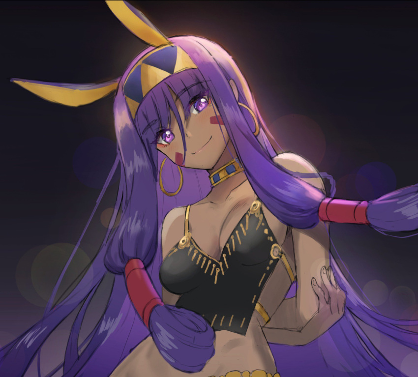 1girl animal_ears arms_behind_back breasts choker cleavage collarbone crop_top dark_skin earrings eyebrows_visible_through_hair eyeliner facial_mark fate/grand_order fate_(series) hair_between_eyes hair_tubes hairband head_tilt highres hoop_earrings jewelry long_hair looking_at_viewer makeup medium_breasts midriff nitocris_(fate/grand_order) purple_hair sidelocks smile solo tonee very_long_hair violet_eyes