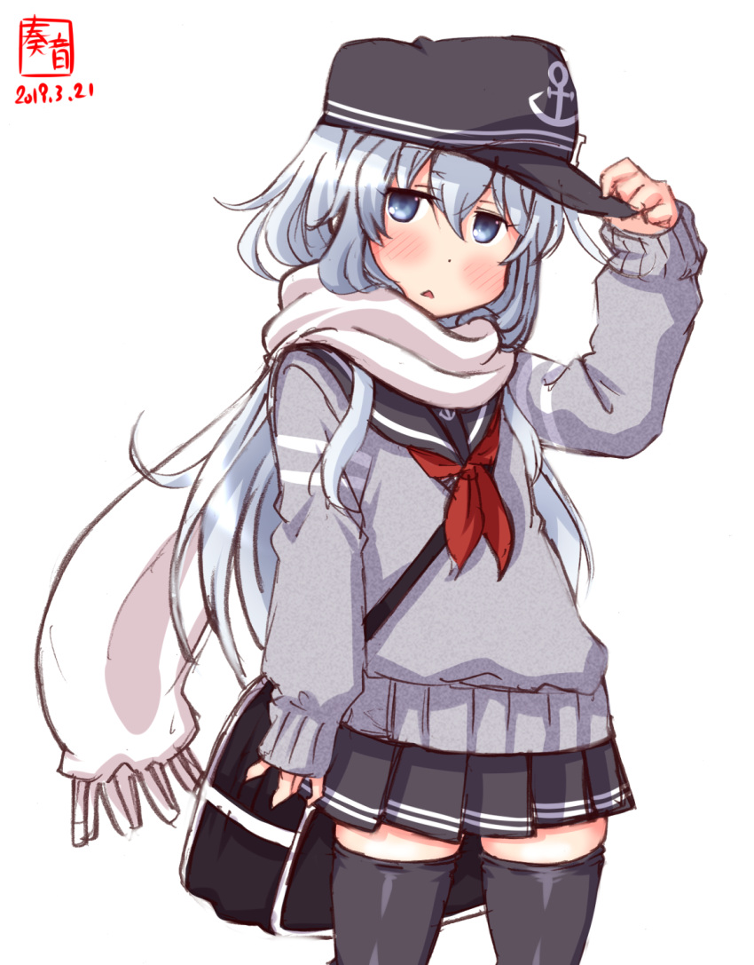 1girl :o adjusting_clothes adjusting_hat artist_logo bag black_legwear black_skirt blue_eyes blue_sailor_collar blush cowboy_shot dated eyebrows_visible_through_hair flat_cap grey_cardigan hair_between_eyes hat hibiki_(kantai_collection) highres kanon_(kurogane_knights) kantai_collection long_hair long_sleeves looking_at_viewer neckerchief pleated_skirt red_neckwear sailor_collar scarf school_bag school_uniform serafuku shoulder_bag signature silver_hair simple_background skirt solo standing thigh-highs white_background white_hair white_scarf zettai_ryouiki