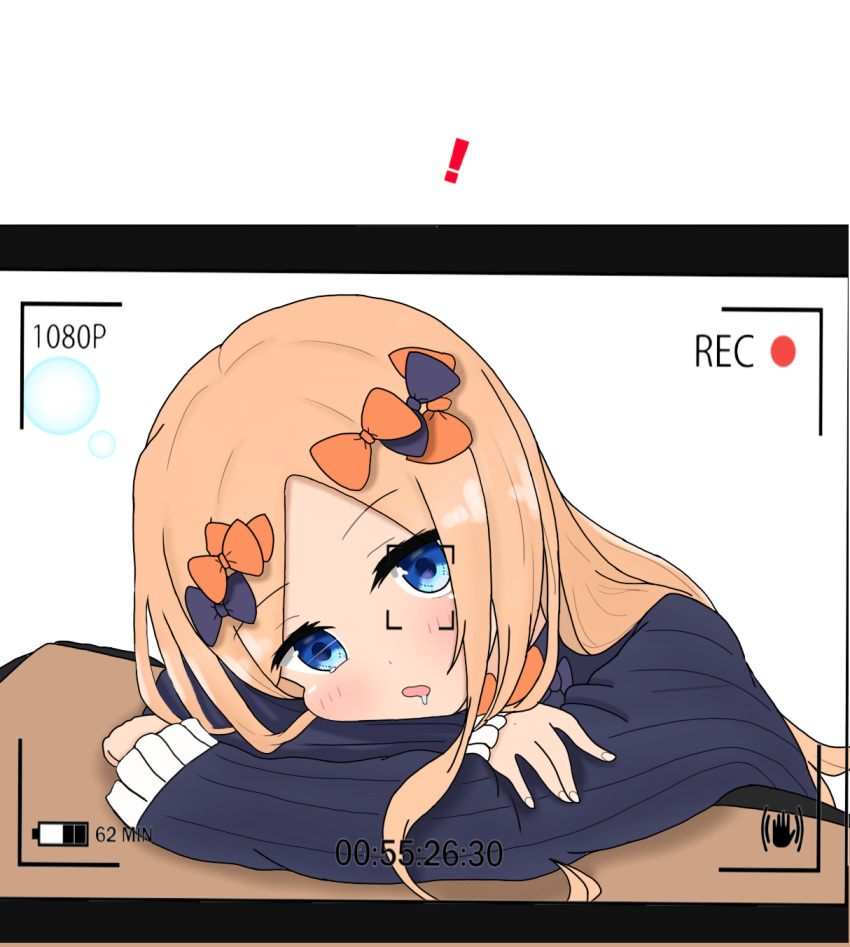 ! 1girl abigail_williams_(fate/grand_order) atsumisu bangs black_bow black_dress blonde_hair blue_eyes blush bow commentary_request dress drooling eyebrows_visible_through_hair fate/grand_order fate_(series) fingernails forehead hair_bow head_rest highres long_hair long_sleeves no_hat no_headwear orange_bow parted_bangs parted_lips recording saliva sleeves_past_wrists solo very_long_hair viewfinder