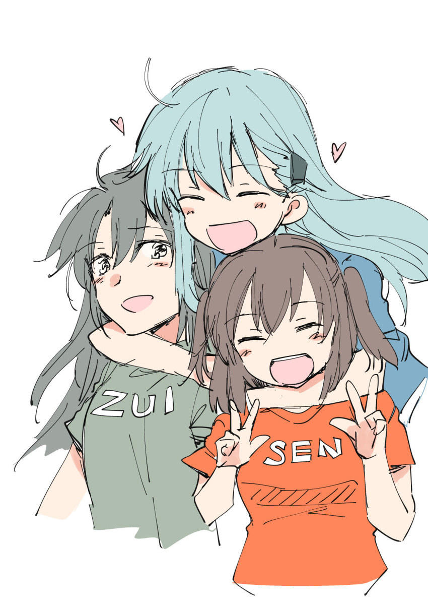 3girls :d aqua_hair blue_shirt blush_stickers breasts brown_hair cleavage double_v green_shirt hair_ornament headlock heart highres hug kantai_collection long_hair looking_at_viewer multiple_girls open_mouth orange_shirt sanpachishiki_(gyokusai-jima) sendai_(kantai_collection) shirt simple_background smile suzuya_(kantai_collection) t-shirt twintails two_side_up upper_body v white_background zuikaku_(kantai_collection) |d