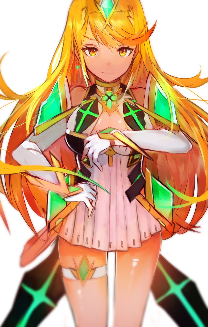1girl absurdres armor bangs blonde_hair blush breasts cleavage dress earrings gem gloves hair_ornament headpiece highres mythra_(xenoblade) jewelry large_breasts long_hair looking_at_viewer nintendo simple_background smile solo swept_bangs tarbo_(exxxpiation) tiara white_background xenoblade_(series) xenoblade_2 yellow_eyes